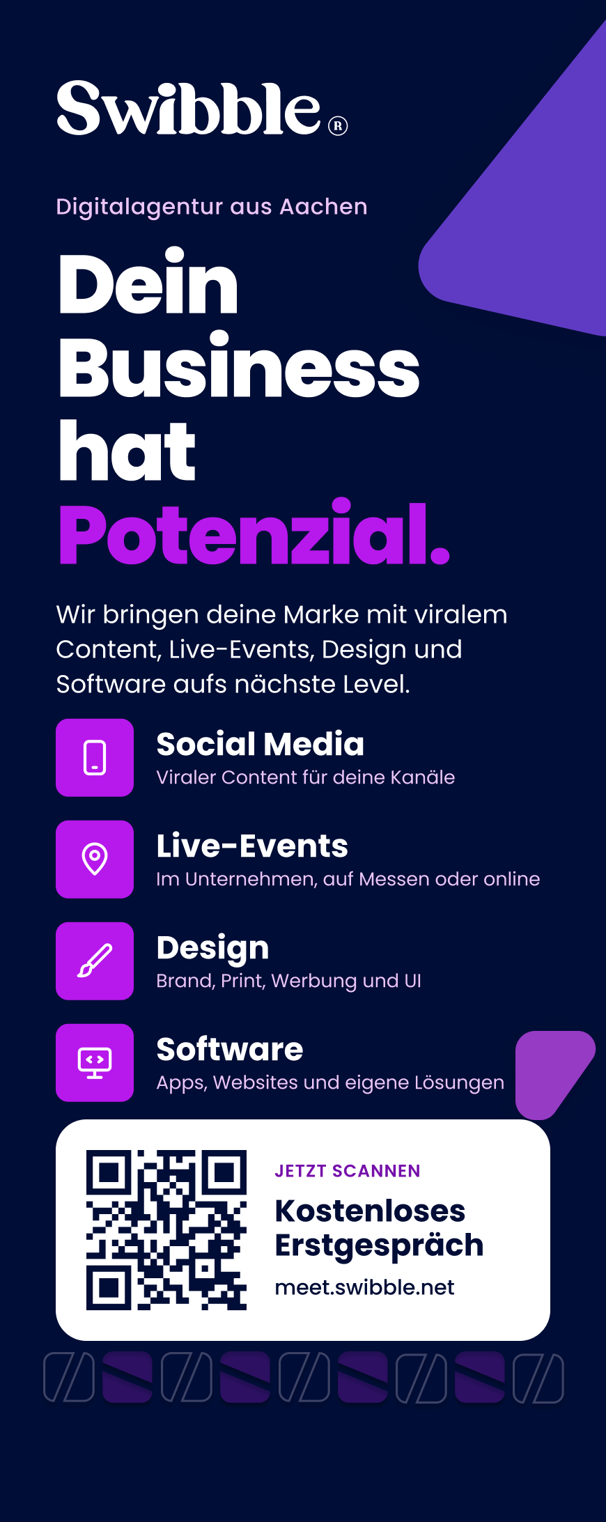 Roll-up Seite A: Dein Business hat Potenzial, vier Leistungen und QR-Code